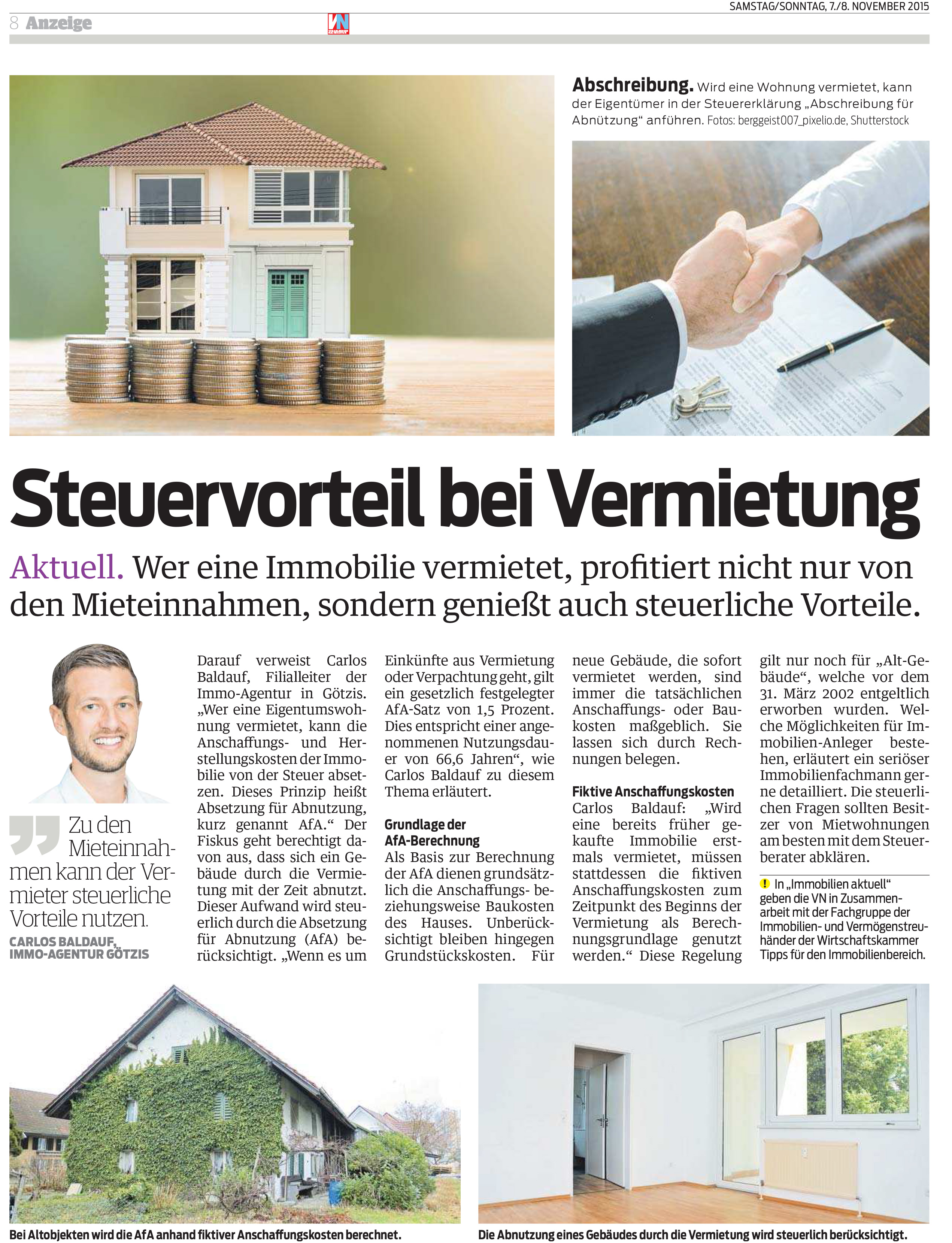 Steuervorteil bei Vermietung „Vorarlberger Nachrichten“