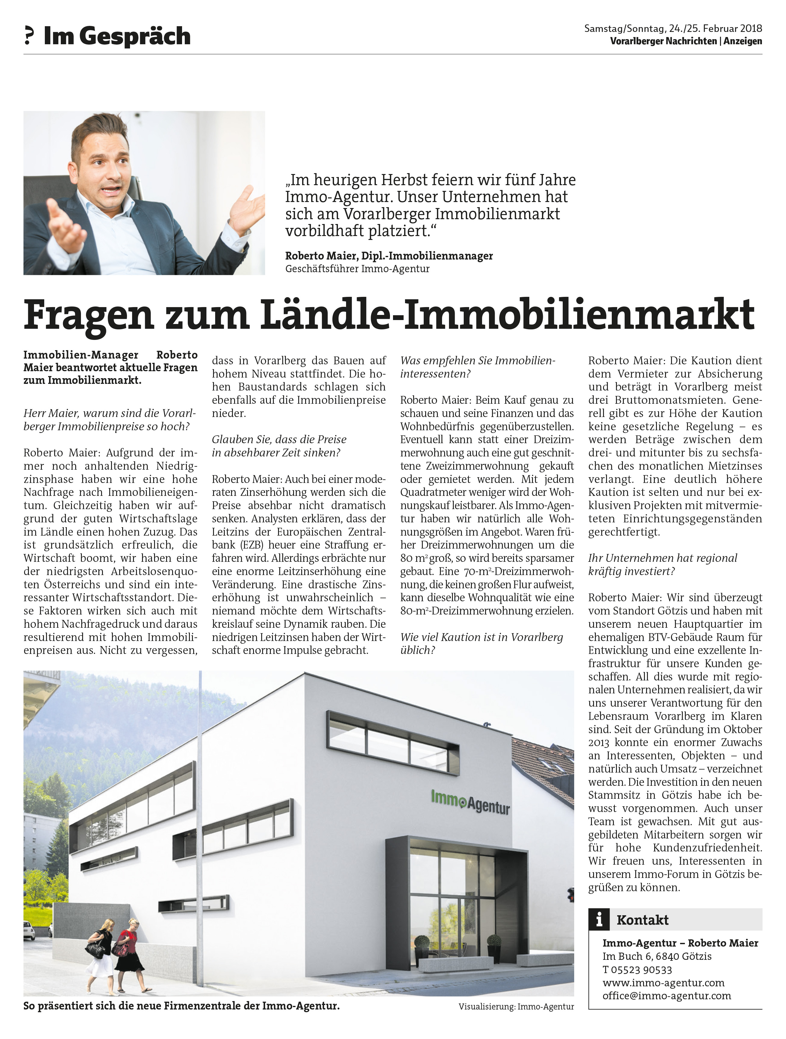 Vorarlberger Nachrichten Interview zum Thema „Ländle Immobilienmarkt“ mit unserem Geschäftsführer Roberto Maier